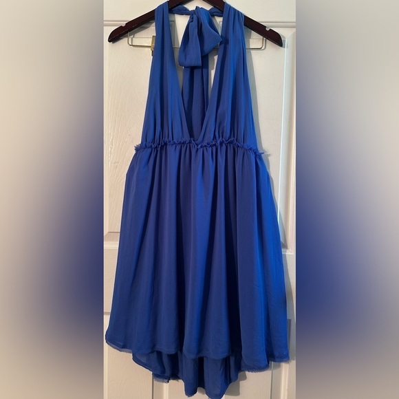 FREE PEOPLE XL Feminine Esme Mini Brilliant Blue Halter Chiffon Satin Strap SEXY - Picture 14 of 15
